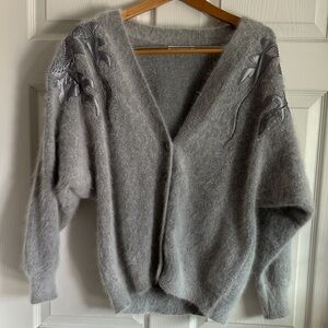 Gray Women's Sweater with Embellishments fuzzy angora L vintage